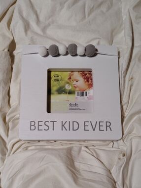 White "Best Kid Ever" Kids Photo Frame with Gray Pom-Pom Accent